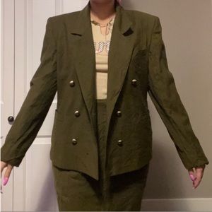 Y2K Olive Green 100% Wool Blazer with Matching Midi Skirt